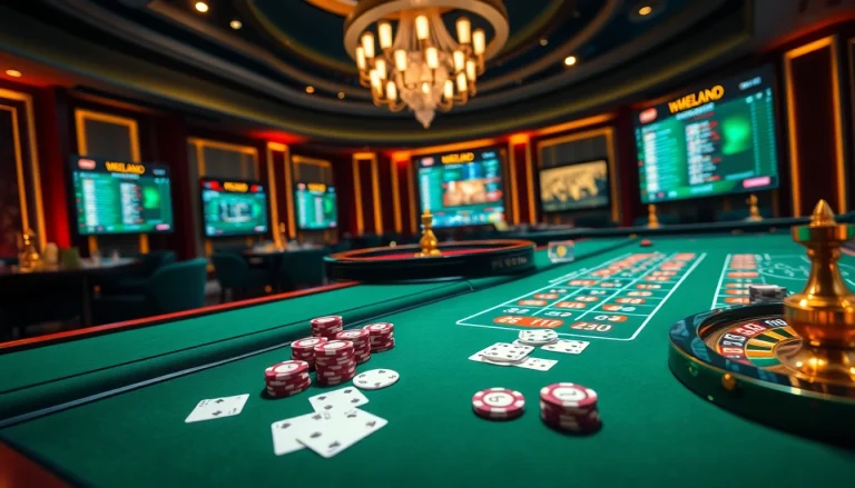 A thrilling MB66 online gambling scene featuring a lively casino table with poker chips and a roulette wheel.