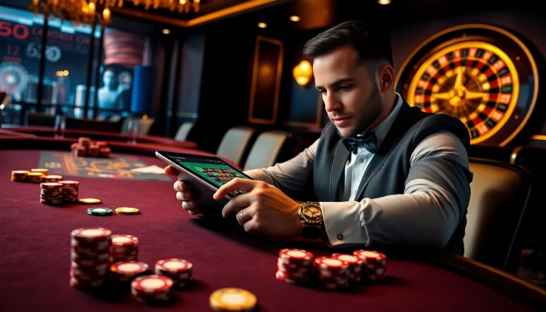 Engaging scene of a player using the app lc88 at a poker table, surrounded by colorful chips and cards.