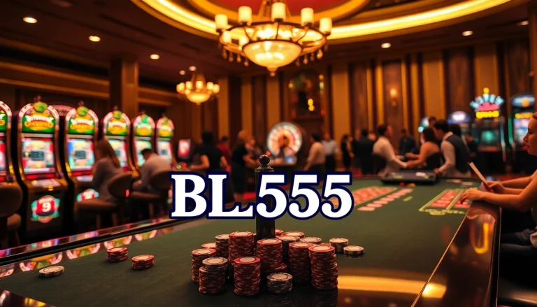 Experience the excitement of BL555 with a vibrant casino scene featuring diverse games and players.