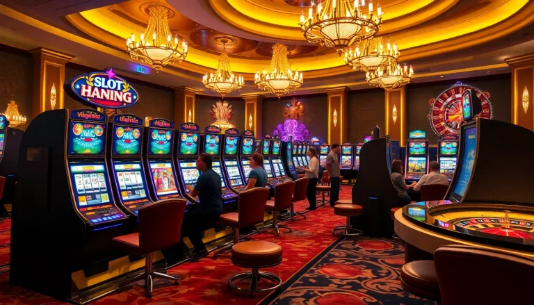 A lively casino scene with slot apiraja88 machines surrounded by excited players and colorful decor.