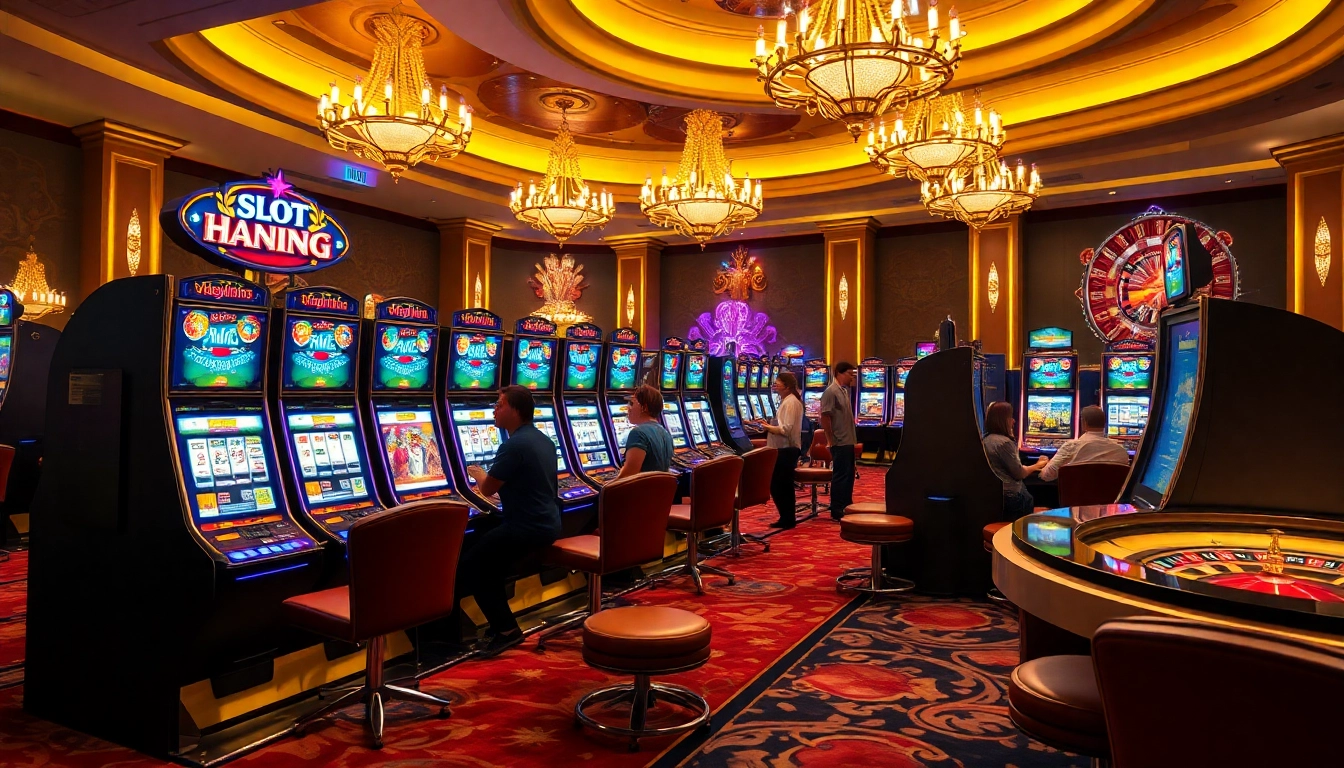 A lively casino scene with slot apiraja88 machines surrounded by excited players and colorful decor.