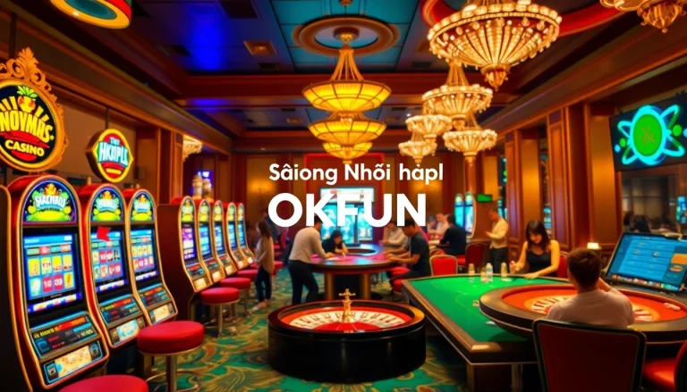 Experience seamless đăng nhập okfun amidst a vibrant casino atmosphere filled with luxury gaming elements.