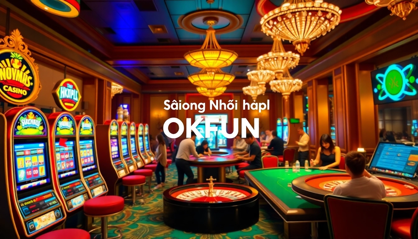 Experience seamless đăng nhập okfun amidst a vibrant casino atmosphere filled with luxury gaming elements.