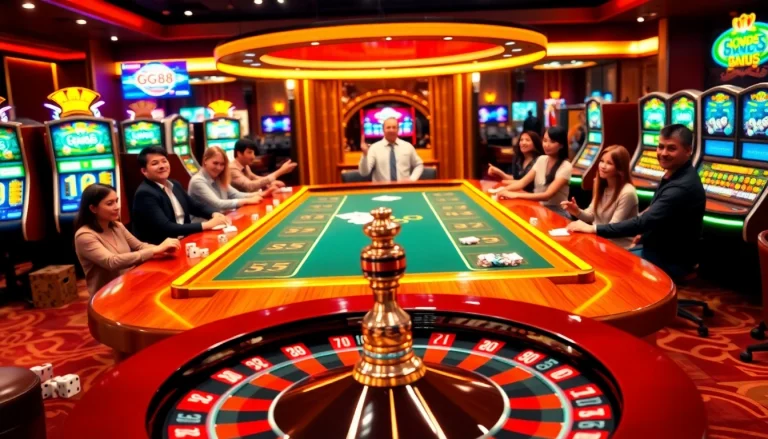 Players enjoying a thrilling game at the GG88 casino table with colorful slot machines.