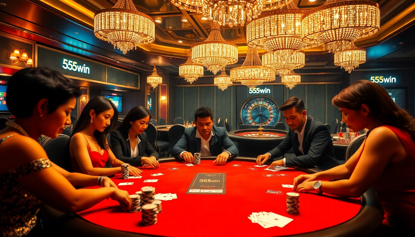 The excitement of high-stakes poker at 555win, showcasing diverse players, chips, and elegant casino ambiance.