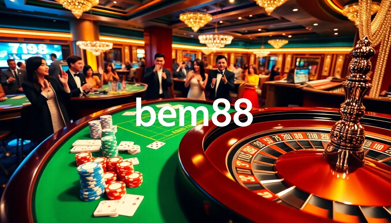 Experience the thrill of bem88 casino with vibrant poker chips and a gleaming roulette wheel.