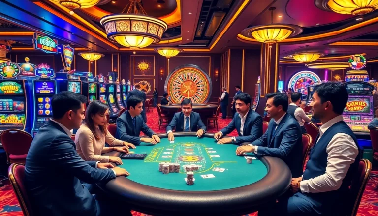 Players enjoying their favorite games at U8888 casino, with vibrant slot machines and a roulette wheel in the background.