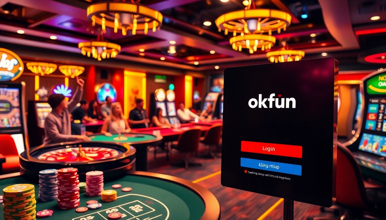 Engaging scene depicting the login process for đăng nhập okfun, featuring casino games and vibrant decorations.