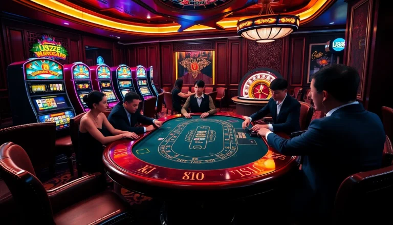 Experience the thrill of U888 with elegant players at a poker table and vibrant slot machines.