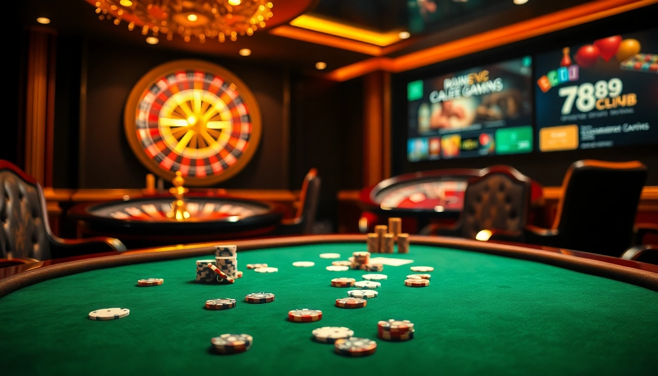 Win big at 789club with an exciting casino gaming table and roulette wheel.