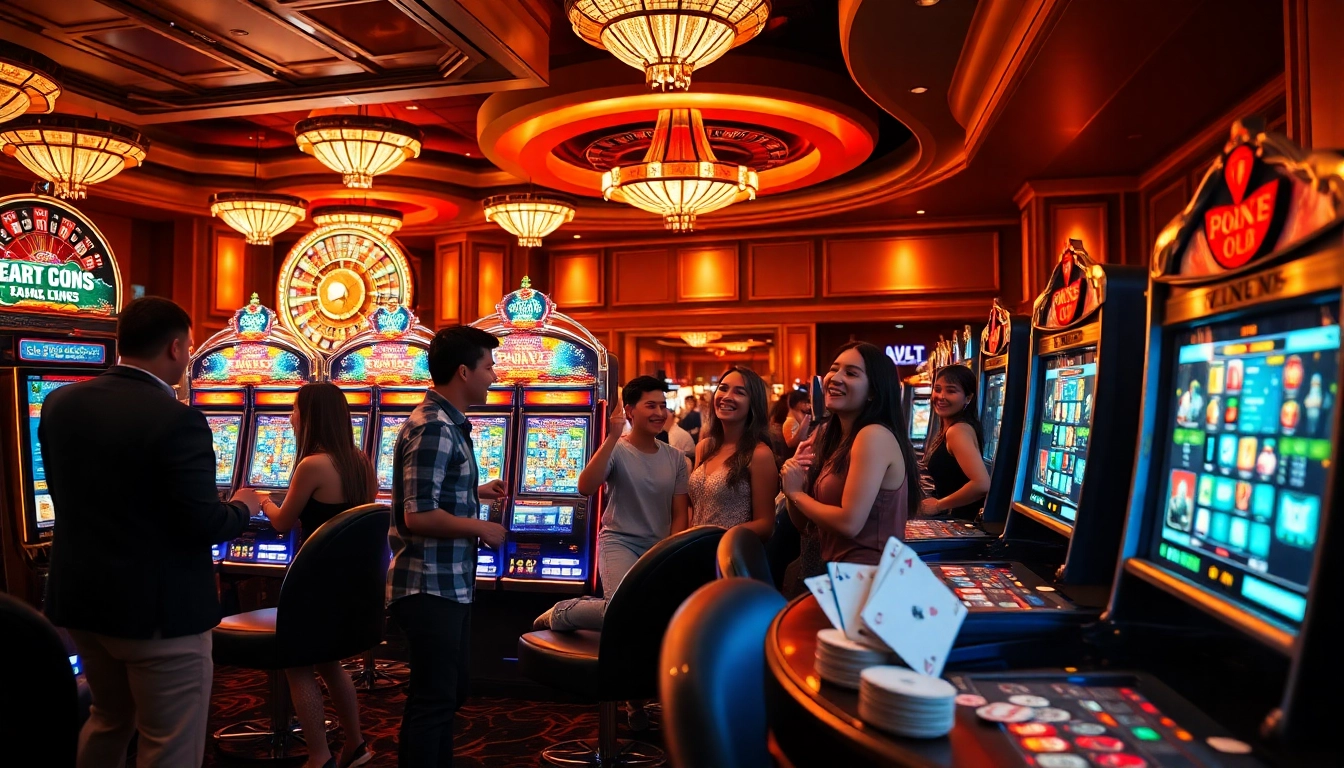 Players enjoying the excitement of slot apiraja88 machines in a luxurious casino setting.