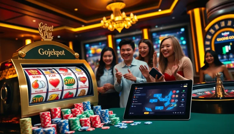 Winning big at the Gojekpot slot with vibrant casino elements around.