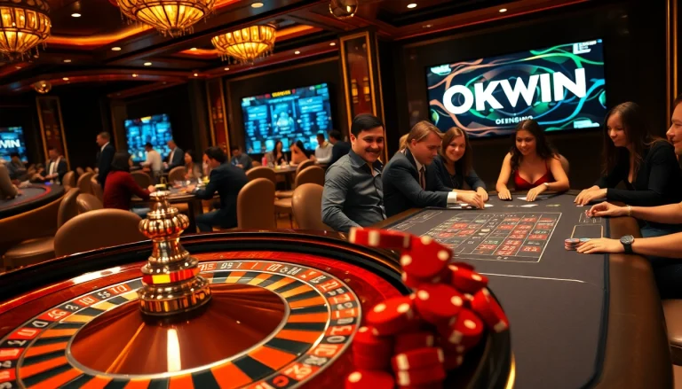 A lively casino scene showcasing players enjoying games on the OKWIN platform with vibrant slots and poker.