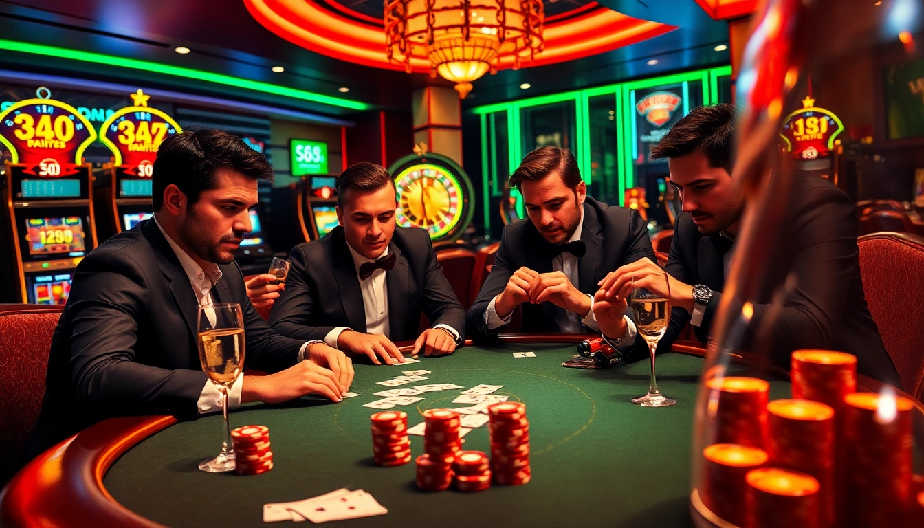 S8 nhà cái vibrant casino scene with intense poker gameplay, luxurious decor and high stakes.