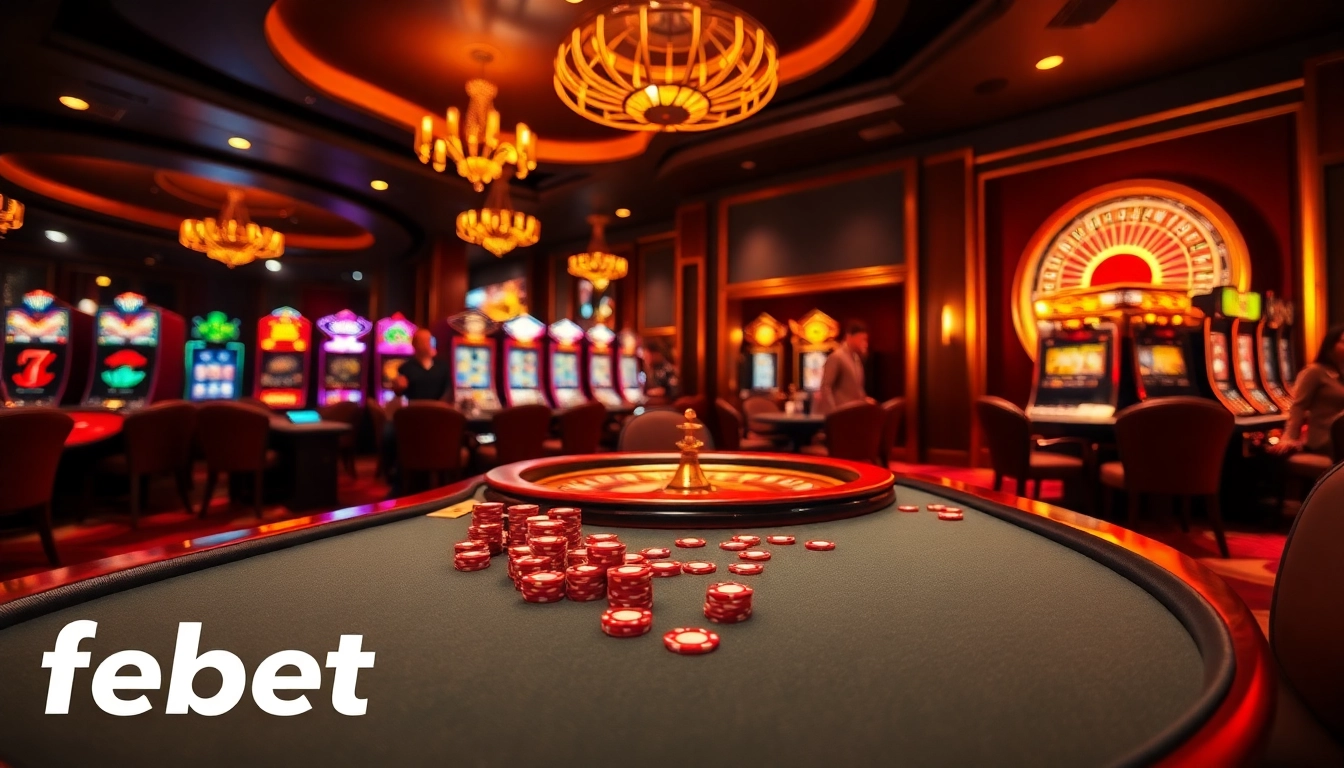 Engaging players at a luxurious casino showcasing febet gaming experience with poker and roulette.