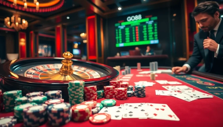 Experience the thrill of gambling at go88 .com with vibrant poker chips and gameplay action.