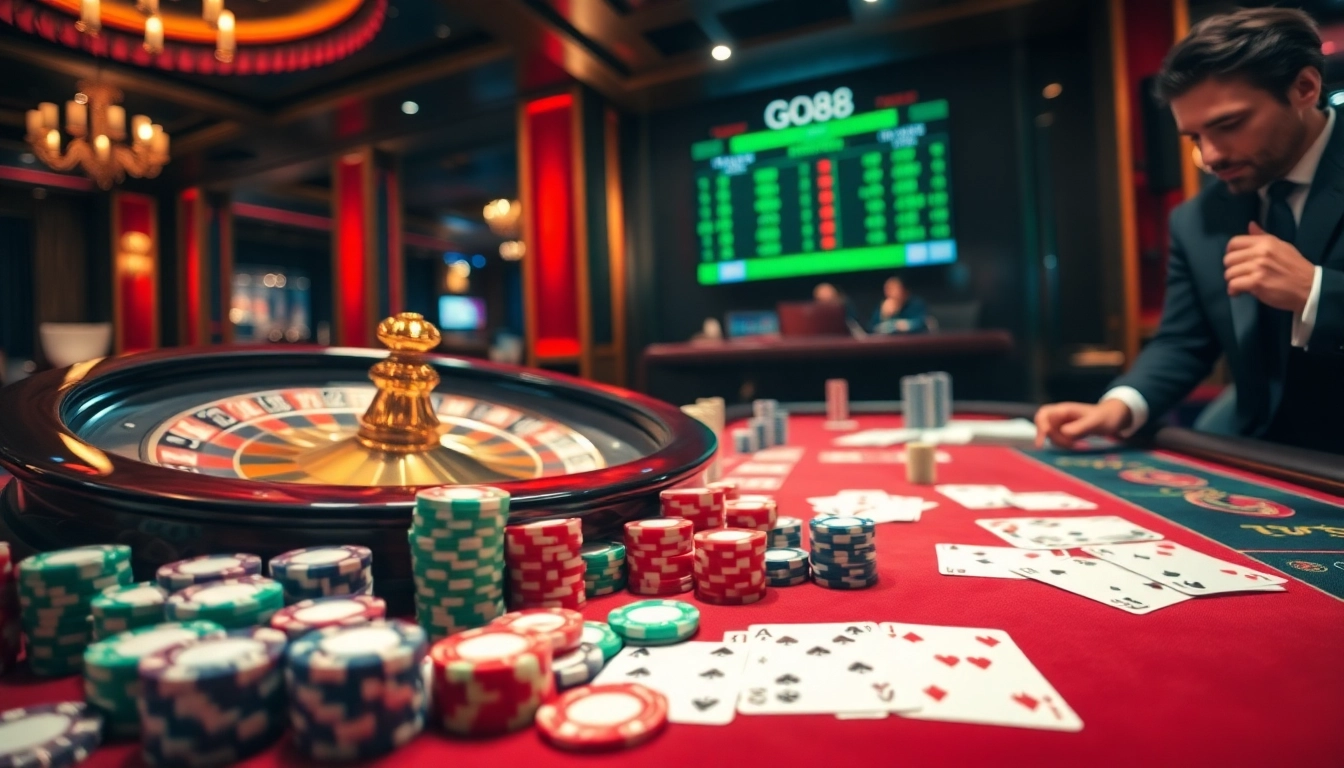 Experience the thrill of gambling at go88 .com with vibrant poker chips and gameplay action.