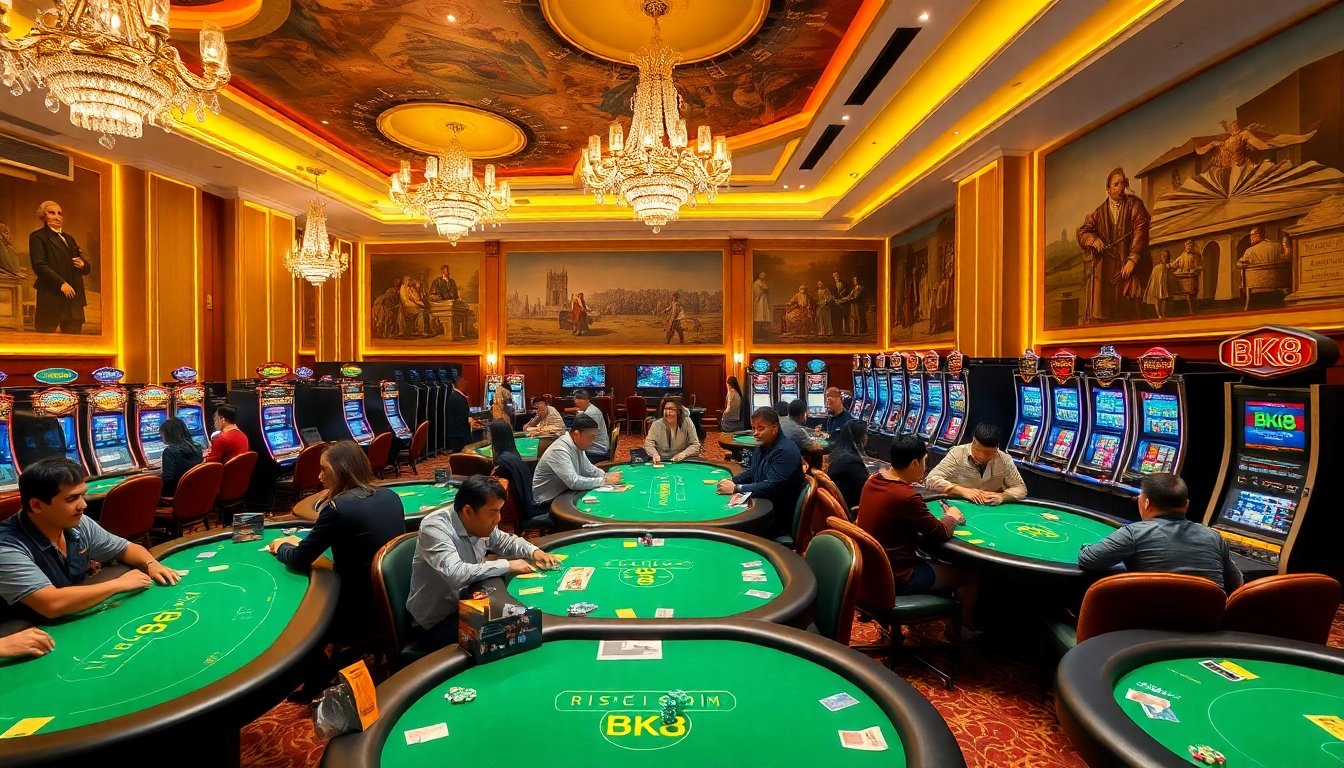 Engaged players at BK8 เว็บตรง casino tables immersed in exciting games, showcasing thrilling gambling action.