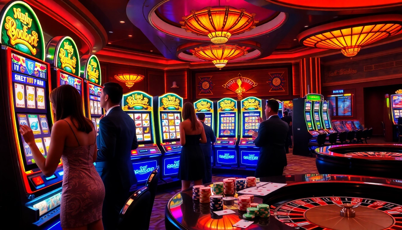 Players engaged with slot gacor machines in a vibrant casino setting filled with excitement.
