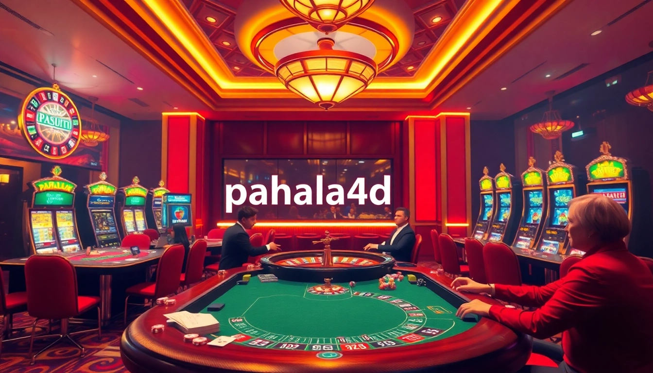 Pahala4d players enjoying high-stakes poker and roulette at a glamorous casino.