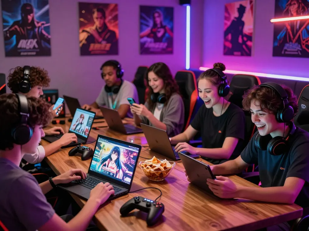 Engaged players enjoying porngames in a vibrant gaming lounge with diverse devices.