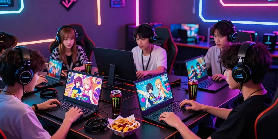 Enthusiastic players engaging in hentai game sessions in a vibrant gaming lounge.
